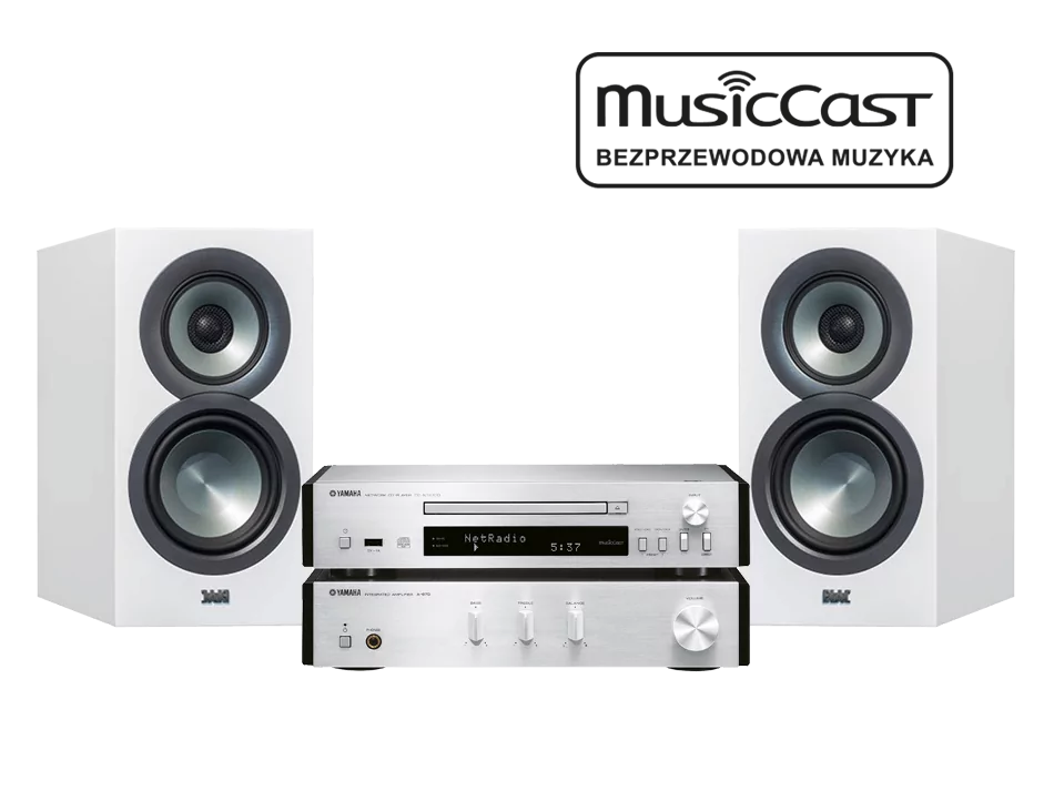 Yamaha MusicCast PianoCraft MCR-N670D (srebrny) + ELAC Uni-Fi BS U5 (biały)