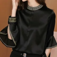 Koszule damskie - TEMU Koszula Damska Elegancka w Czarne z 3D Peoniami i Złotymi Akcentami, Bluzka z Długim Rękawem i Okrągłym Dekoltem - Regular Fit, Pranie Maszynowe - miniaturka - grafika 1