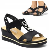 Sandały damskie - Eleganckie Sandały Damskie na koturnie 39 RIEKER Wsuwane Wygodne Czarne - miniaturka - grafika 1