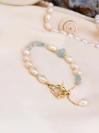 Bransoletki - L'Atelier de Gaia Pozłacana bransoletka z akwamarynem i perłami - miniaturka - grafika 1