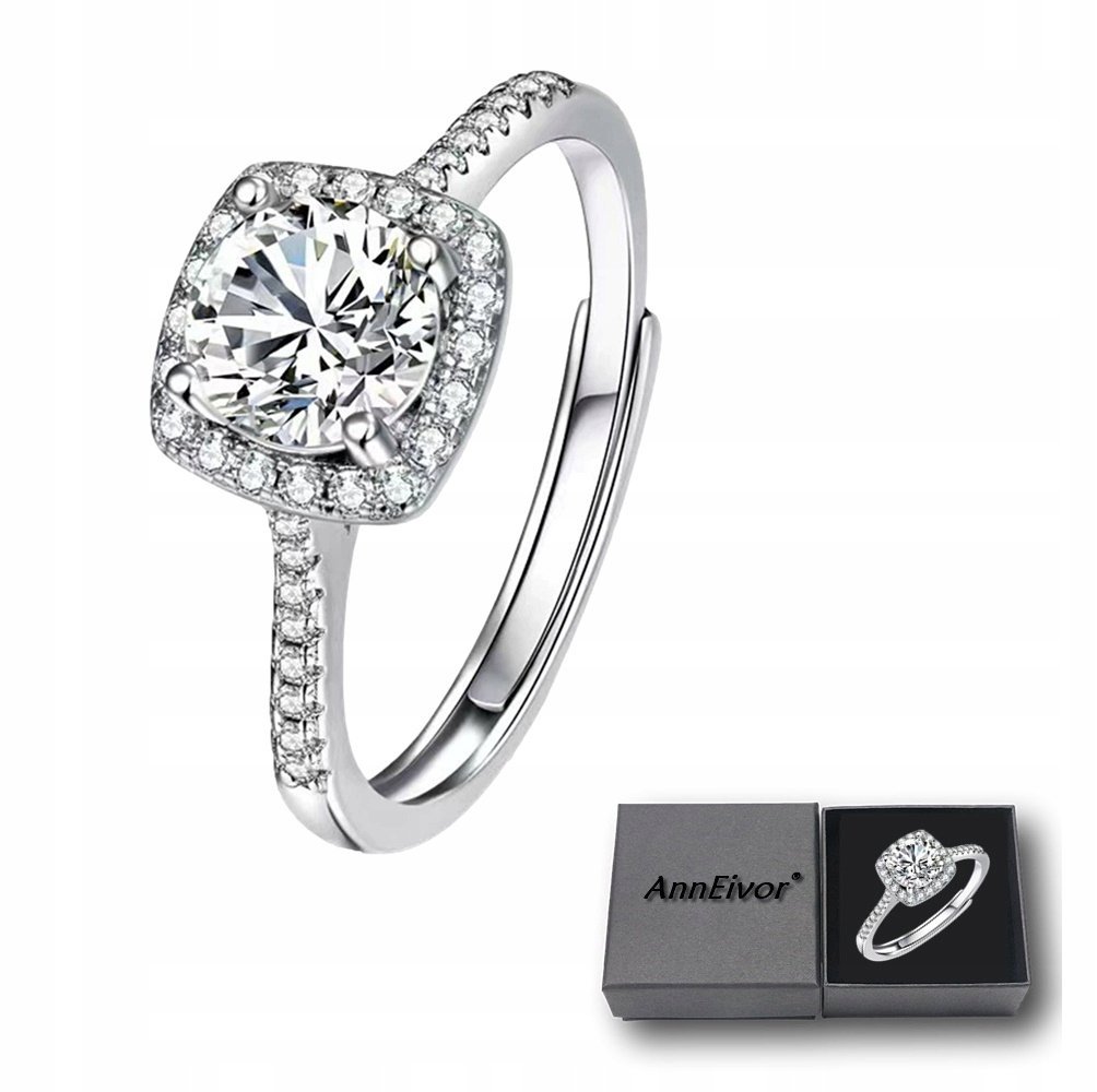 Pierścionek Damski Srebrny Regulowany Duży Kryształ Diamentowe Cyrkonie