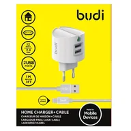 Ładowarki do telefonów - Budi - Ładowarka sieciowa 2x USB + kabel Lightning 1 m (Biały) - miniaturka - grafika 1