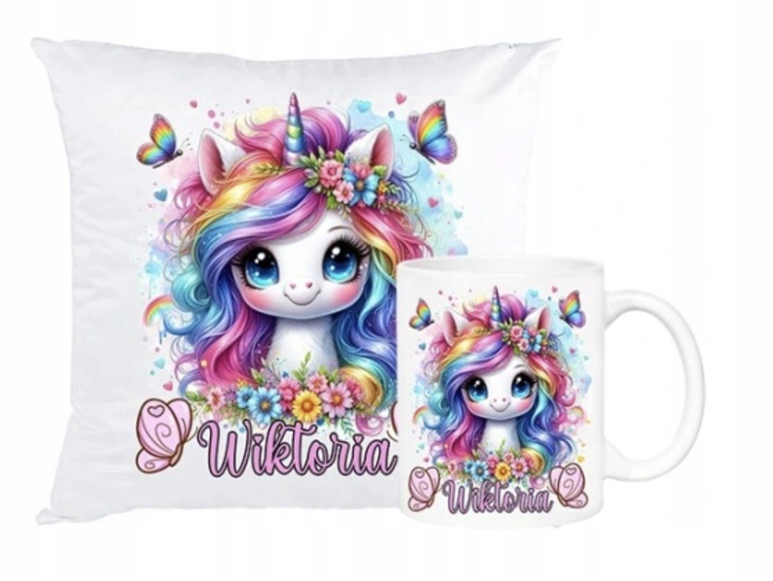 ZESTAW PODUSZKA + KUBEK Prezent Jednorożec Unicorn Słodki + IMIĘ 3