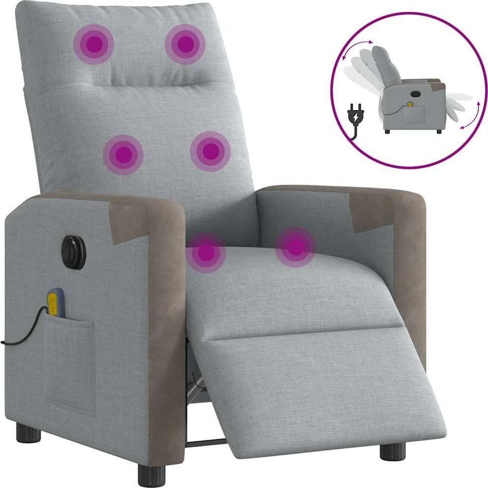 Rozkładany fotel masujący, elektryczny, jasnoszary, tkanina
