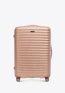 Walizki - Duża walizka z polikarbonu w poziome żebrowanie różowe złoto - miniaturka - grafika 1