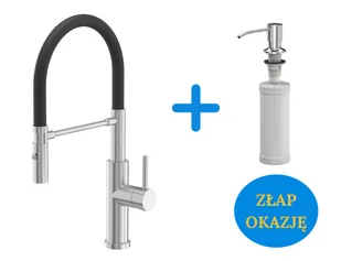 Quadron POP Bateria zlewozmywakowa stalowa ANDY STEELQ z ruchomą wylewką na gumie i funkcją prysznica kolor stal szlachetna/czarny wąż plus dozownik okrągły do płynu KEIRA kolor chrom - Baterie kuchenne - miniaturka - grafika 1