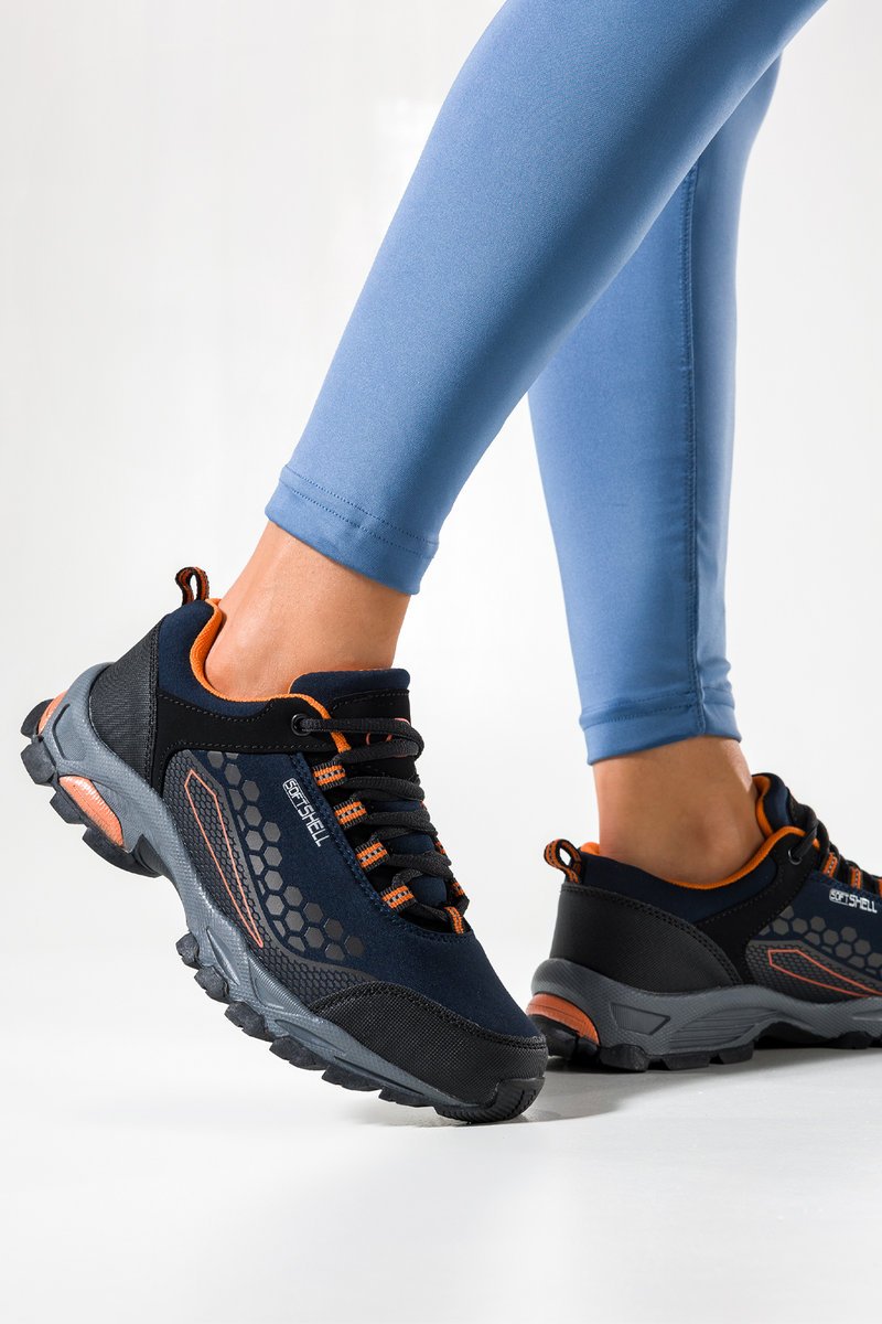 Granatowe buty trekkingowe damskie sznurowane z pomarańczowymi dodatkami softshell Casu B1812-6-41