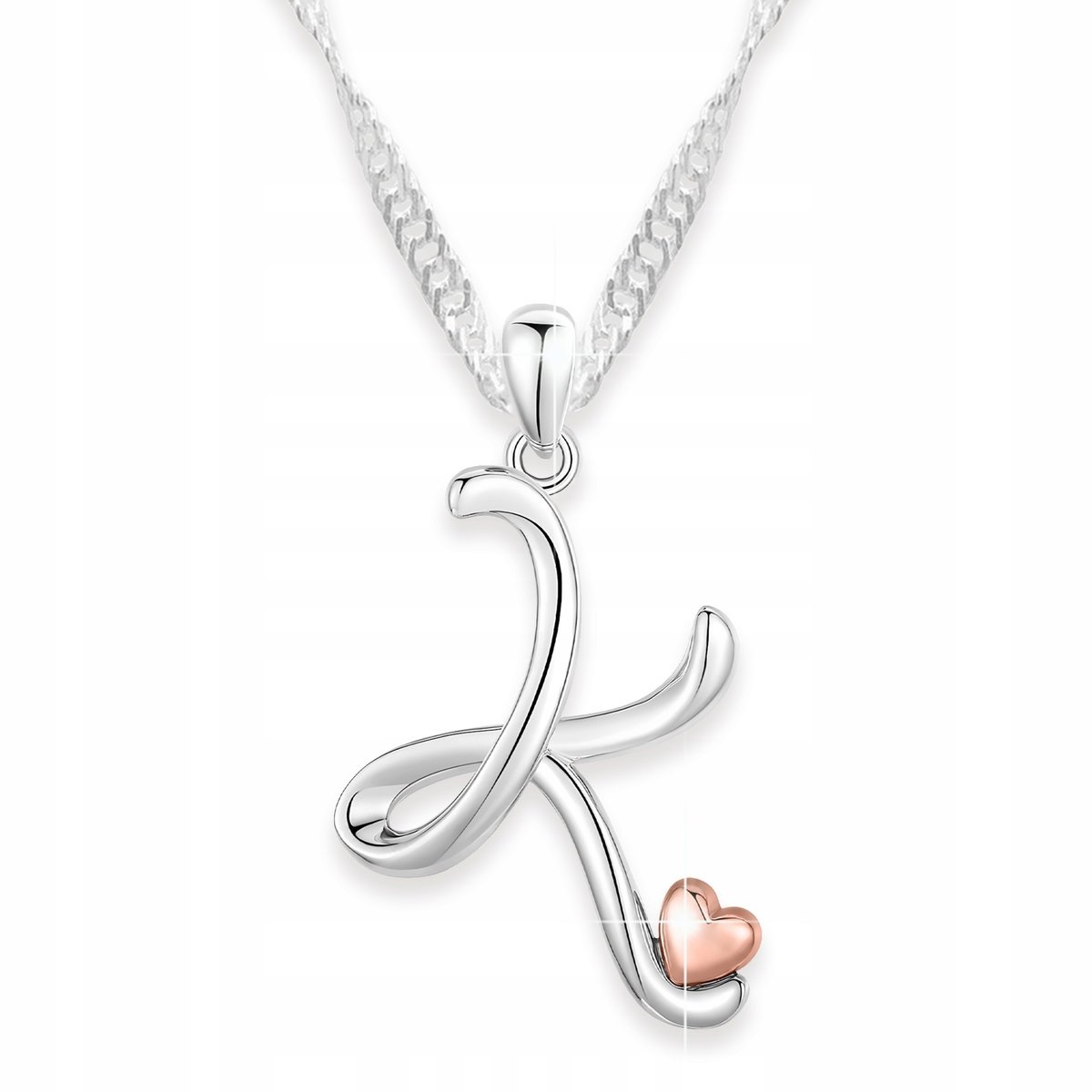 Naszyjnik Srebrny Różowe Serce Literka K Wieczna Miłość Róża SREBRO 925