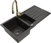 Zlewozmywaki z baterią - Mexen Andres zlewozmywak granitowy 1,5-komorowy z ociekaczem i baterią kuchenną Savita, czarny/złoty - 6515-75-672601-50-B - miniaturka - grafika 1