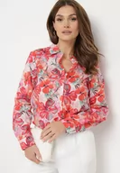 Koszule damskie - Czerwona Bawełniana Koszula z Długim Rękawem i Ozdobnymi Kwiatami Paverti - miniaturka - grafika 1