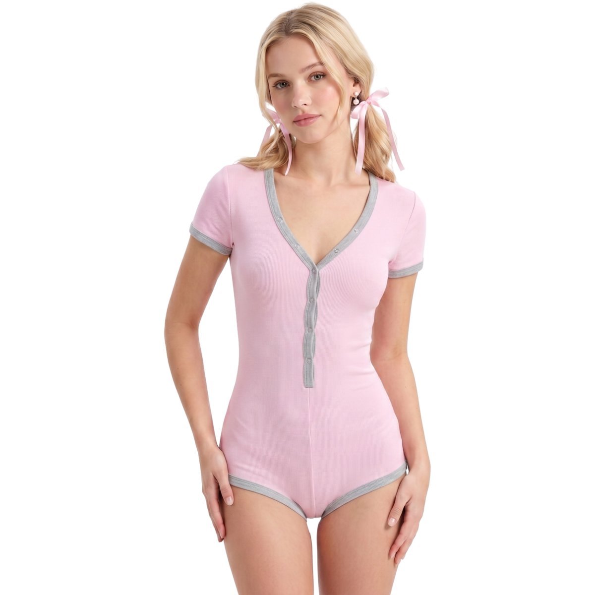 Damskie Body Krótki Rękaw Dekolt w Serek Prążkowane Elastyczne Różowe XL
