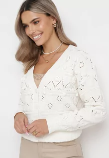 Swetry damskie - Beżowy Ażurowy Sweter z Guzikami i Ozdobnymi Kwiatami Nicolames - grafika 1