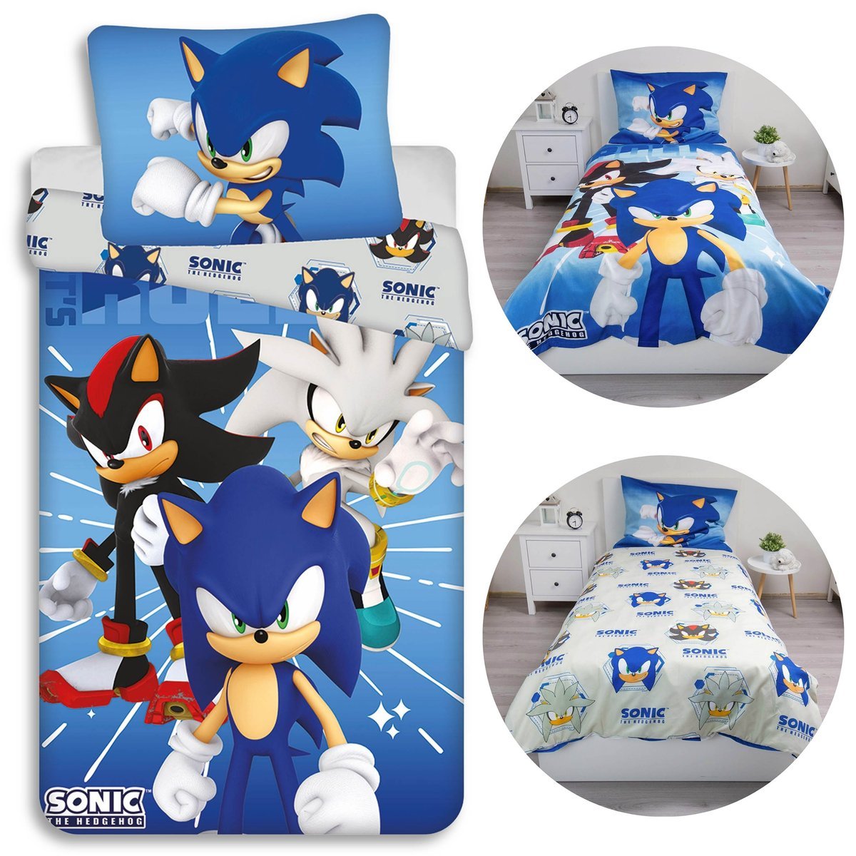 SONIC Niebiesko-szara, DWUSTRONNA pościel dziecięca na zamek 140x200cm+70x90cm OEKO-TEX