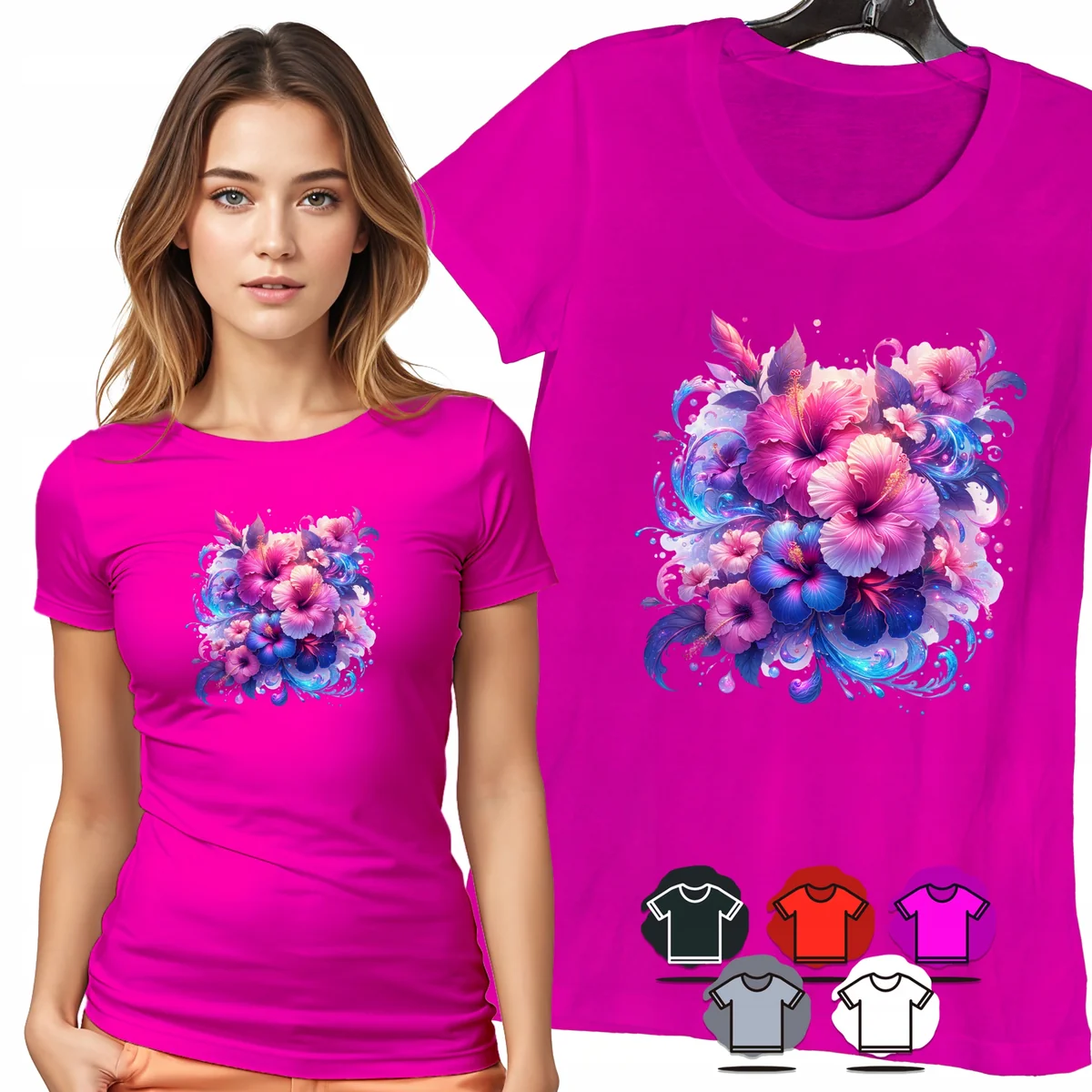 KOSZULKA DAMSKA T-SHIRT - KWIATY RÓŻOWO NIEBIESKIE AKWARELA WZÓR MODNY - XS