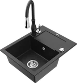 Zlewozmywaki z baterią - Mexen Enzo zlewozmywak granitowy 1-komorowy z ociekaczem i baterią kuchenną Savita, czarny/srebrny metalik - 6506-73-672601-70 - miniaturka - grafika 1