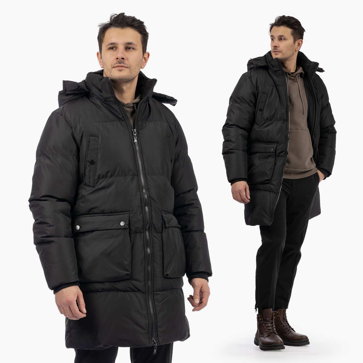 Kurtka Męska Zimowa Puchowa Długa Klasyczna Z Odpinanym Kapturem Czarna Czarny XXL