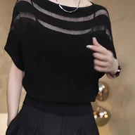 Swetry damskie - TEMU Elegancki top z fransuskim inspirowanym off-shoulder Batwing Sleeve - stylowy czarny kroszowany top z falbanką, idealny na , wszechstronny i - miniaturka - grafika 1