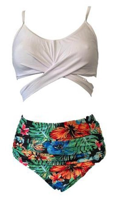 Strój Kąpielowy Bikini Kwiaty Tropikalne Wysoki Stan Xl