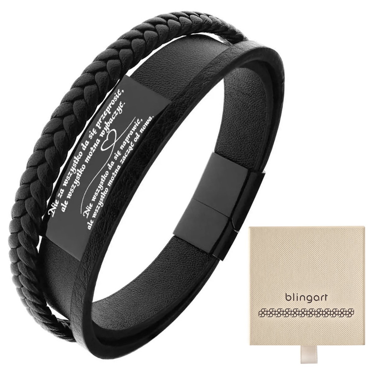 Bransoletka z GRAWEREM męska skórzana CZARNA stal