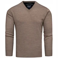 Swetry męskie - Sweter męski kołnierzyk v-neck w serek bawełniany brązowy L - miniaturka - grafika 1