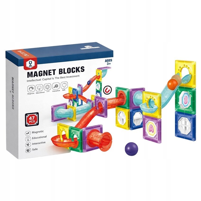 Klocki Magnetyczne Tor Kulkowy Kulodrom 47 el. Zestaw Konstrukcyjny 3D