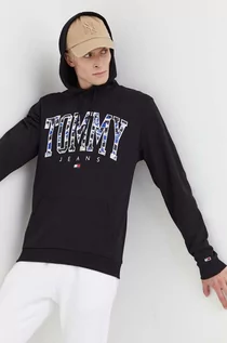 Bluzy męskie - Tommy Jeans bluza bawełniana męska kolor czarny z kapturem z nadrukiem - grafika 1