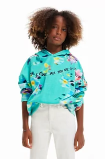 Bluzy dla dziewczynek - Desigual bluza bawełniana dziecięca kolor turkusowy z kapturem wzorzysta - grafika 1