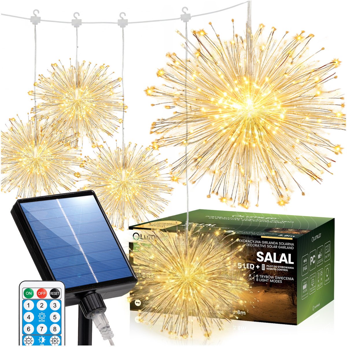 Lumiled Girlanda Solarna Ogrodowa Dmuchawiec Dekoracyjna 450LED 3,8m 3000K Ciepła + Pilot SALAL
