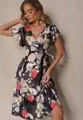 Sukienki - Czarna Kopertowa Sukienka w Kwiaty Atesalia - miniaturka - grafika 1
