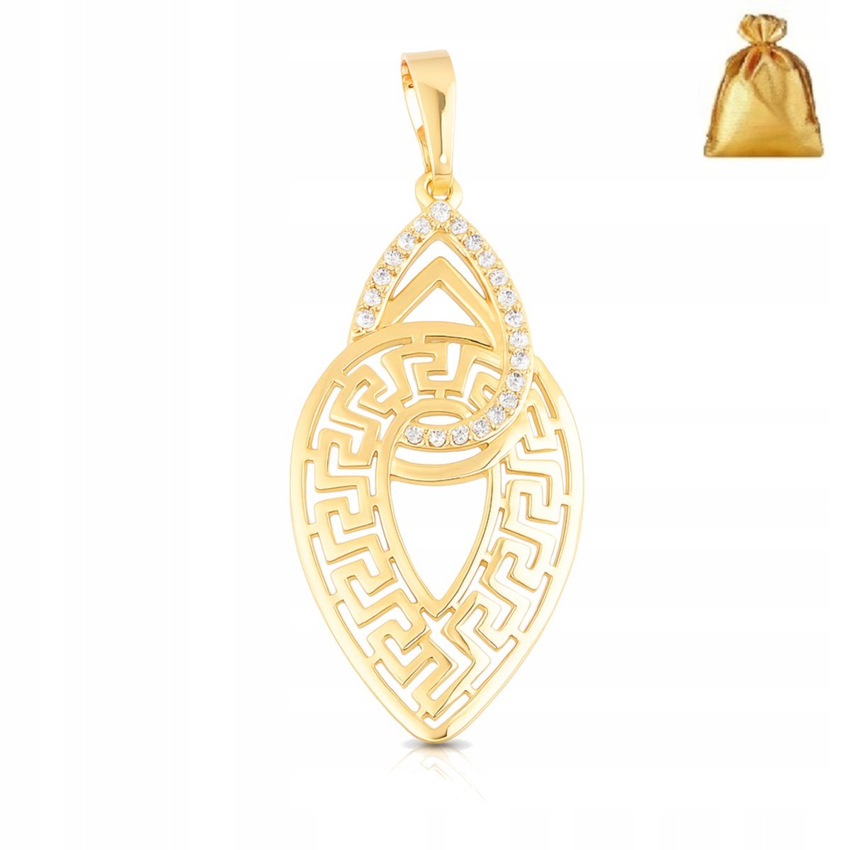 ZŁOTA ZAWIESZKA ZE STALI CHIRURGICZNEJ GRECKA Z CYRKONIAMI AŻUROWA PREZENT