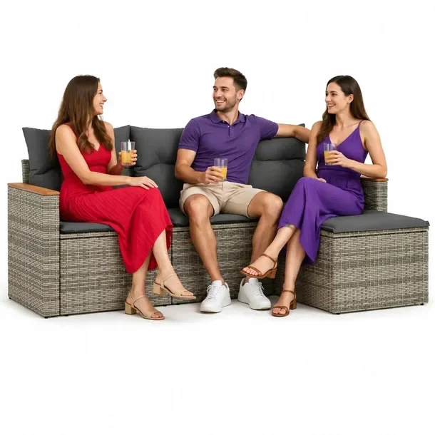 Modułowy zestaw wypoczynkowy z szarego rattanu PE, 4 elementy, 55x62x69 cm