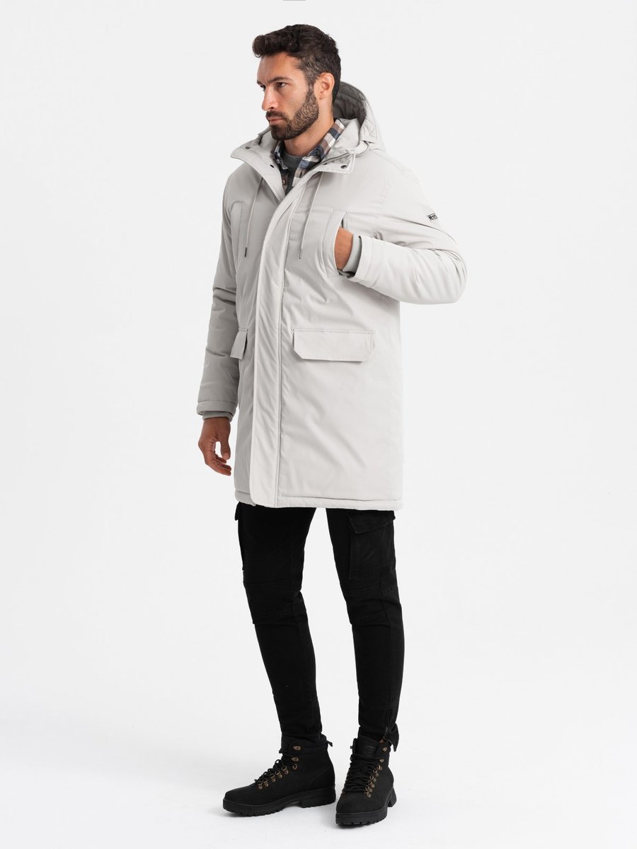 Długa klasyczna męska kurtka typu parka kremowa V1 OM-JALJ-0166 XL