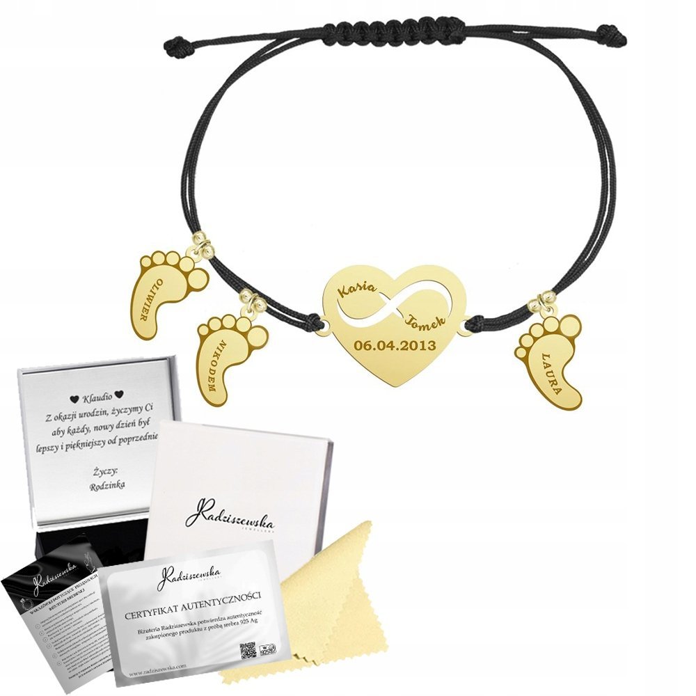 Bransoletka Pozłacana STÓPKI SERCE z Grawerem Prezent 925 ŻYCZENIA GRATIS
