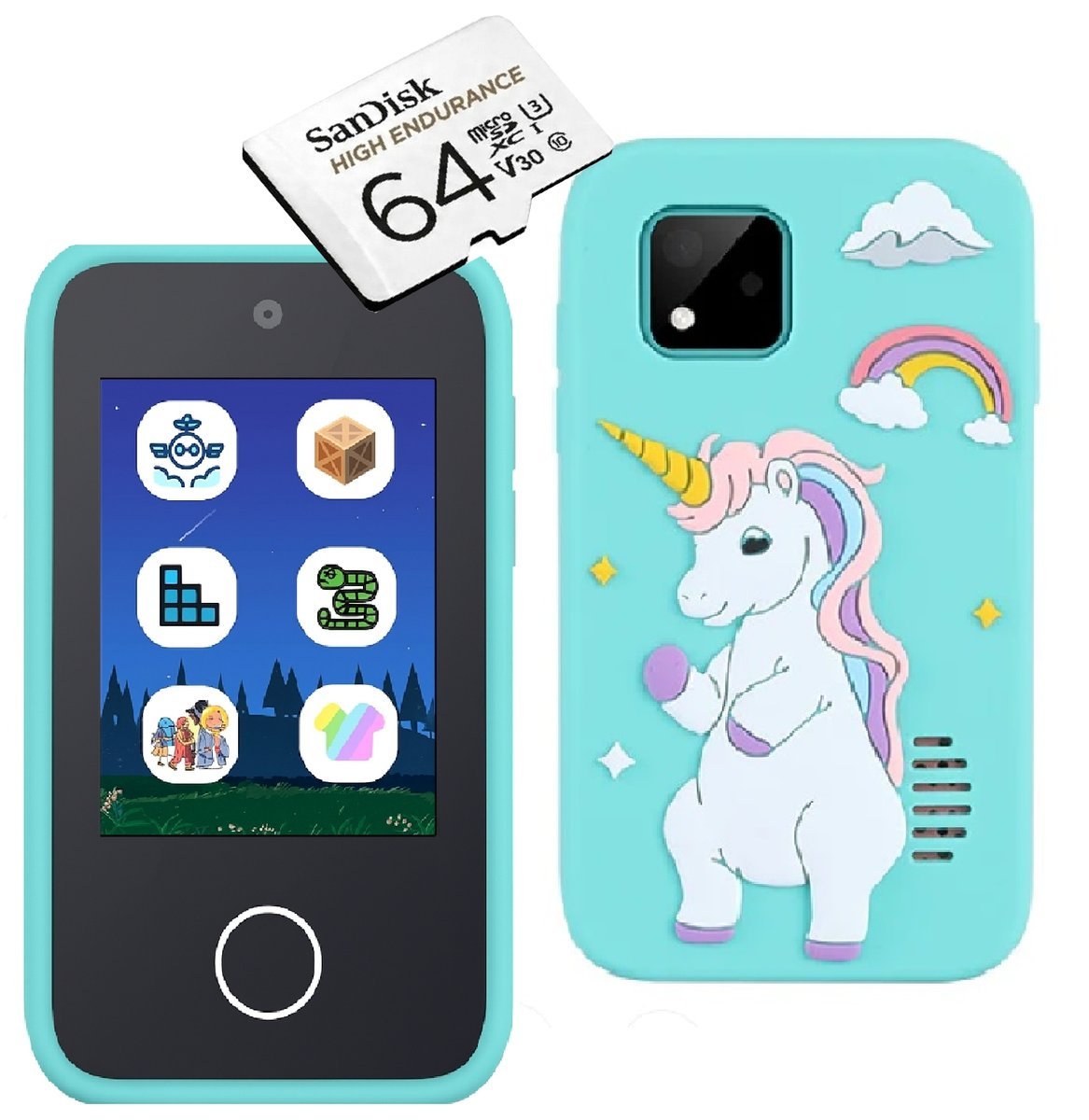 TELEFON DLA dzieci SMARTFON DOTYKOWY APARAT JEDNOROŻEC NIEB K08 +KARTA 64GB