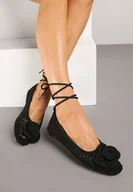 Baleriny - Czarne Balerinki z Ażurową Cholewką Ozdobione Kwiatem 3D Cleiria - miniaturka - grafika 1