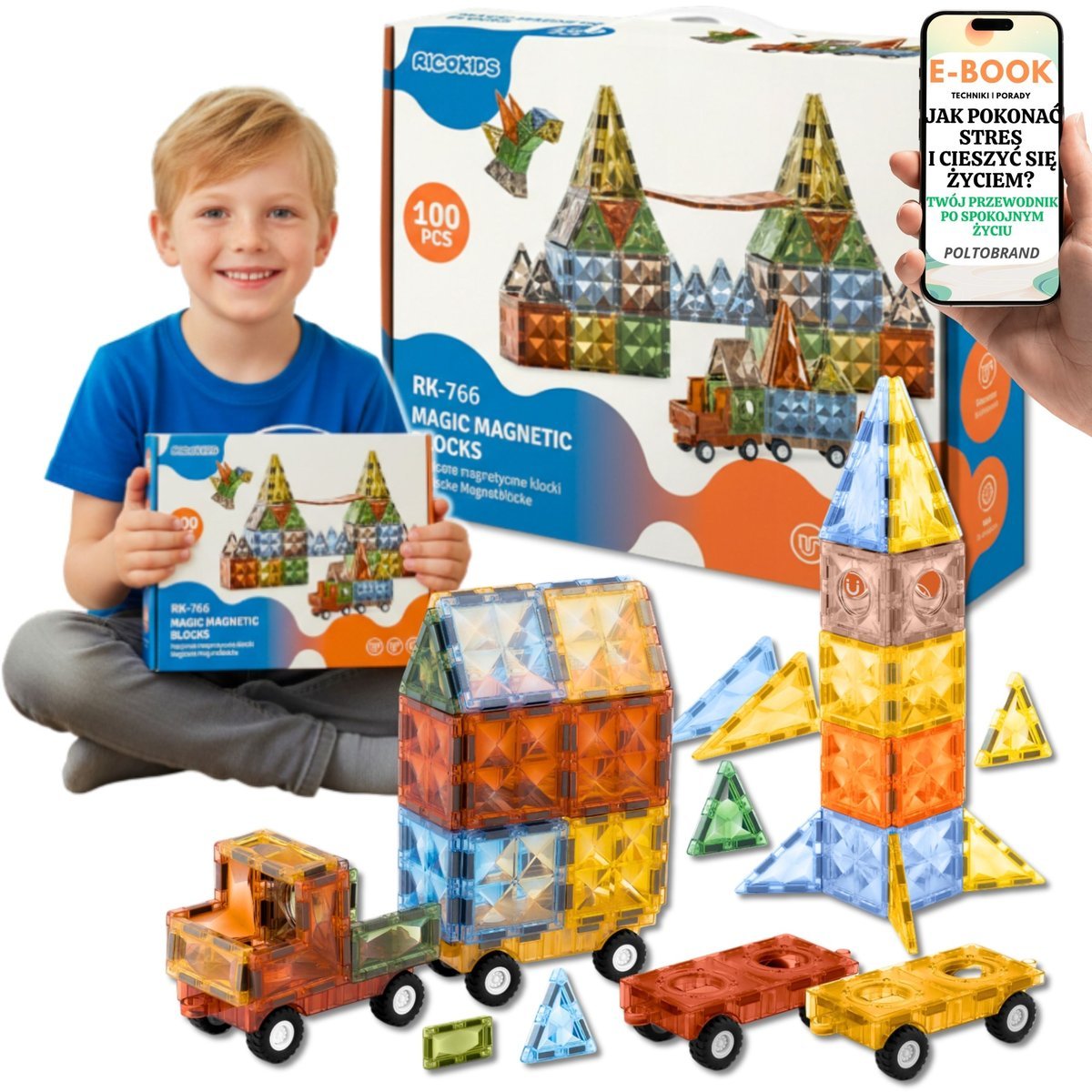 KLOCKI MAGNETYCZNE XXL ZESTAW 100 ELEMENTÓW AUTO + KOŁA 3D DLA DZIECI PREZENT DLA CHŁOPCA SYNA + EBOOK-1