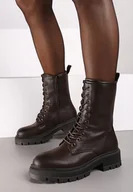 Botki damskie - Brązowe Płaskie Botki z Wiązaniem z Przodu Laorae - miniaturka - grafika 1