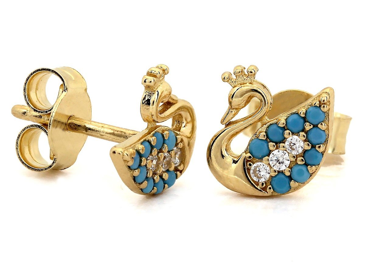Kolczyki złote 585 niebieski łabędź w koronie na sztyfcie 1.14g