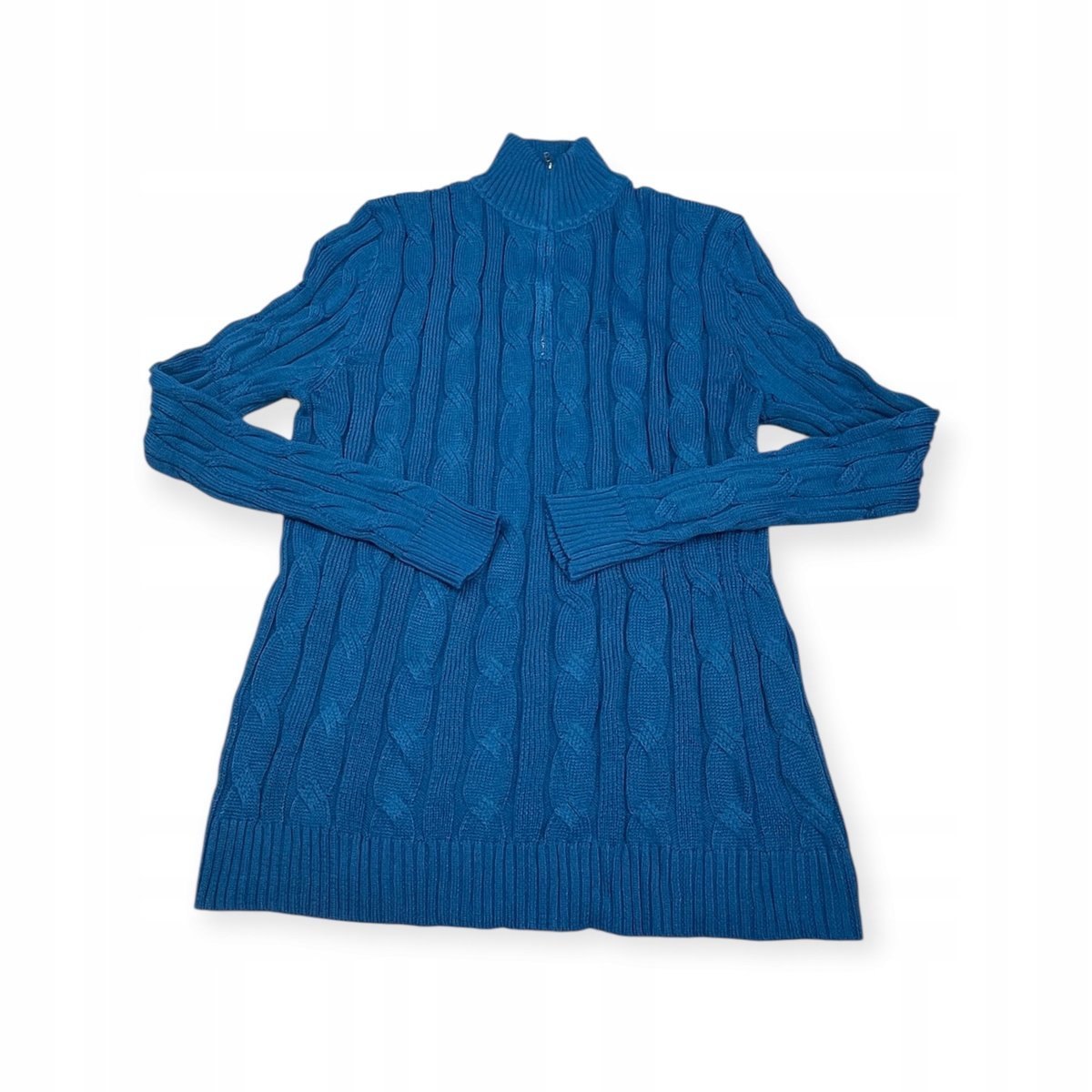 Sweter męski M Niebieski Golf z zamkiem Warkoczowy splot Old Money