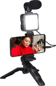 Selfie stick - Grundig stojak na telefon komórkowy z lampką - Stojak na smartfon z mikrofonem - Diody LED z 3 ustawieniami kolorów - Dla telefonów od 53 do 84 mm - Model stołowy i selfie stick - Tworzywo sztuczne - Czarny - miniaturka - grafika 1