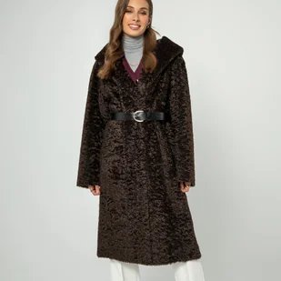 Damski płaszcz z kapturem dwurzędowy brązowy - Płaszcze damskie Damski płaszcz z kapturem dwurzędowy brązowy - Płaszcze damskie - miniaturka - grafika 1