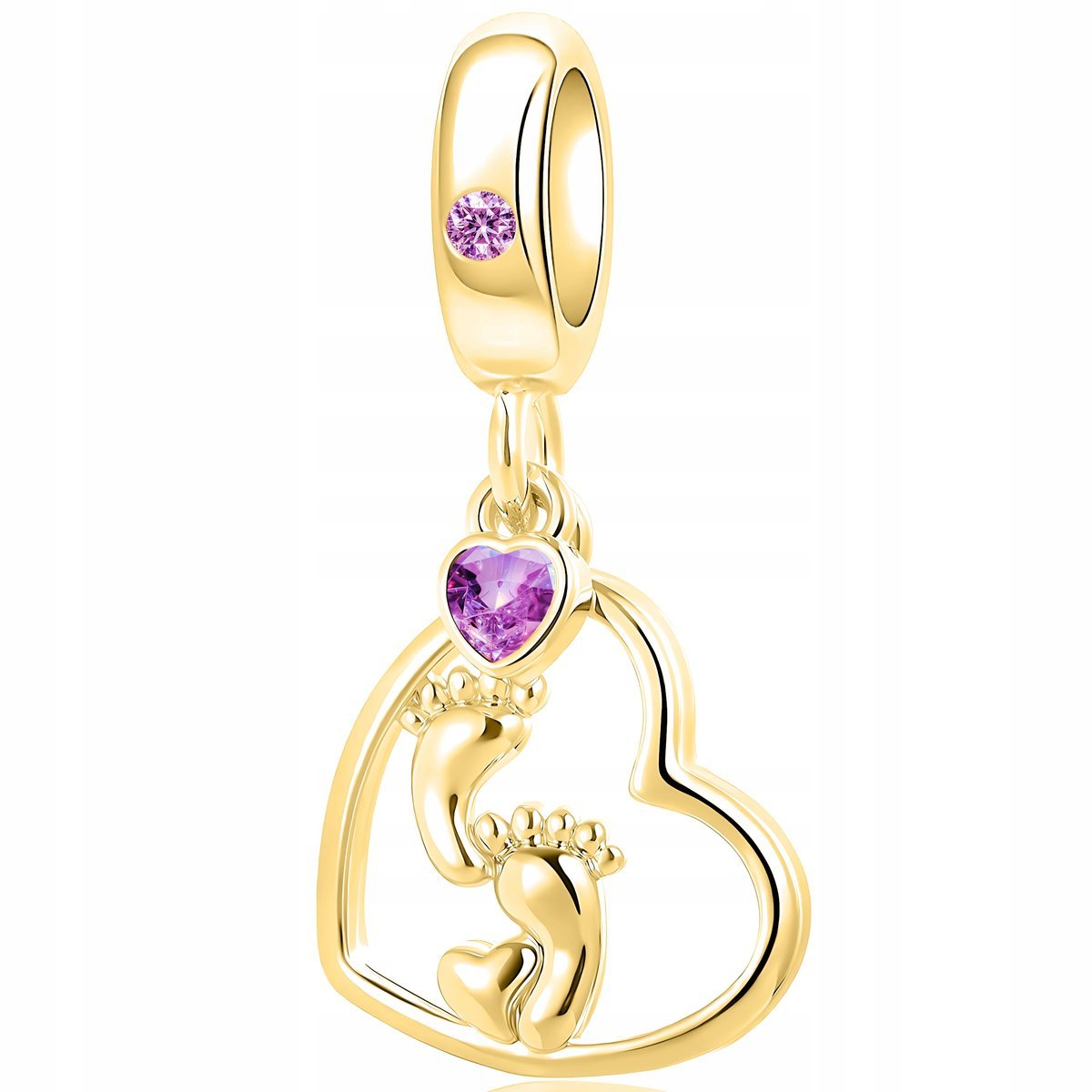 Złota Zawieszka Wisząca Charms ze Stópkami Serce Cyrkonia Stópki Dziecięce