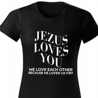 Zestawy upominkowe - CZARNA KOSZULKA DAMSKA Krótki Rękaw JEZUS LOVES YOU Zabawne Wzory Rozm XS - miniaturka - grafika 1