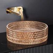 Umywalki - EMKE Umywalka nablatowa 36x36x11.2 cm, Okrągła umywalka szklana w kolorze różowego złota, montaż nablatowy - miniaturka - grafika 1