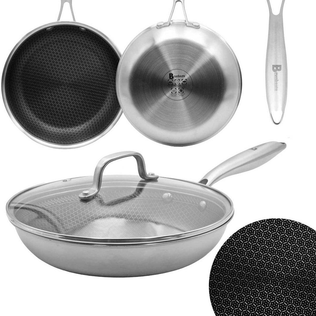 Patelnia Brunbeste Patelnia stalowa z pokrywką indukcja NON-STICK plaster miodu 30CM BRUNBESTE BB-5557