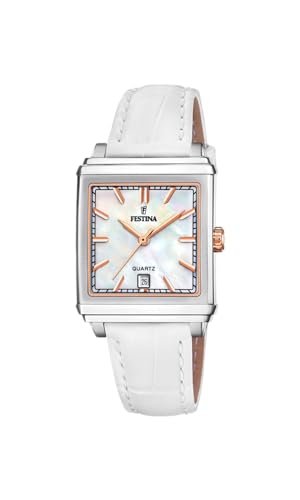 Festina Zegarek damski F20682/1 na kwadratowym szarym etui ze stali nierdzewnej biały skórzany pasek, srebrny, pasek