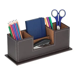 Relaxdays Organizer na biurko, pojemnik na długopisy z 4 przegródkami, sztuczna skóra, Wymiary (szer. x wys. x gł.): 11 x 29,5 x 11 cm, organizer biurowy, brązowy - Długopisy - miniaturka - grafika 1