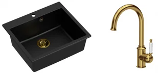 Quadron Zlewozmywak granitowy jednokomorowy 57*50*22 cm MORGAN 110 PURE CARBON czarny ze złotym odpływem z baterią RACHEL Q LINE kolor złoty - Zlewozmywaki z baterią - miniaturka - grafika 1