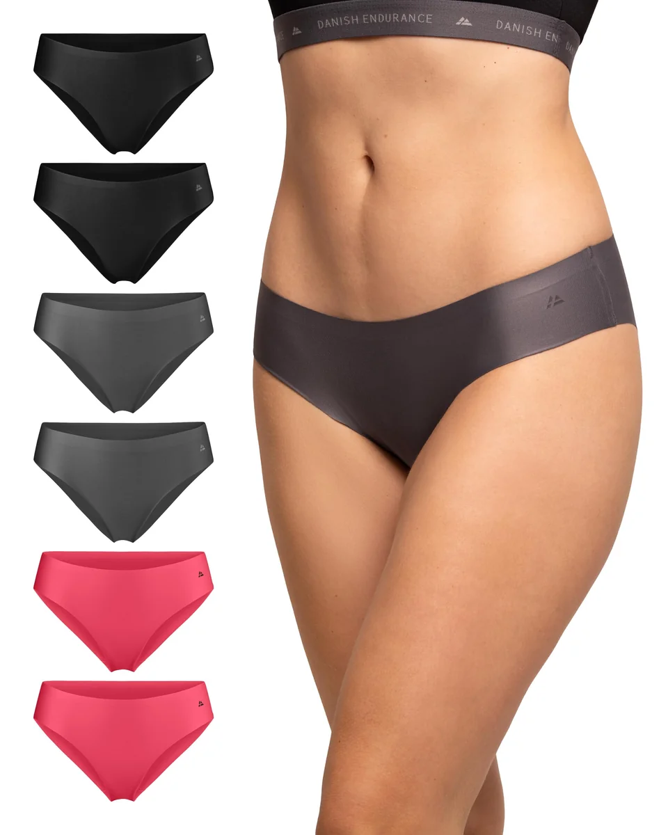 DANISH ENDURANCE Damskie Niewidoczne Figi Bikini, Sportowe Majtki, Niewidoczna Bielizna, Mikrofibra, 6-Pak, Zestaw (2x Czarny, 2x Szary, 2x Róż), M