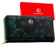 Portfele - Zielony portfel damski w kwiaty ROVICKY duży typu piórnik na suwak elegancki - miniaturka - grafika 1
